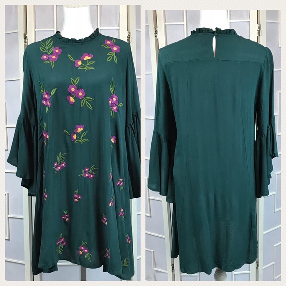 Umgee S L ONLY floral Embroidered bell sleeve dress dark teal - Picture 4 of 8